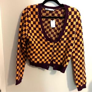 Zara cropped cardigan - checkered, purple/yellow